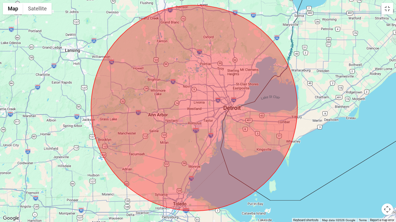 Map of the Detroit metro service area